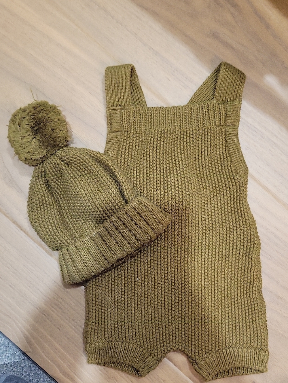 Olive Knit Baby Romper & Pom Pom Beanie